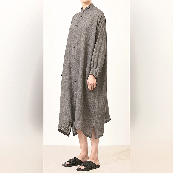 Linen Wide A-Line Collarless Shirt Dress RARE Boho Comfy Designer Gift Lagenlook - Picture 1 of 12